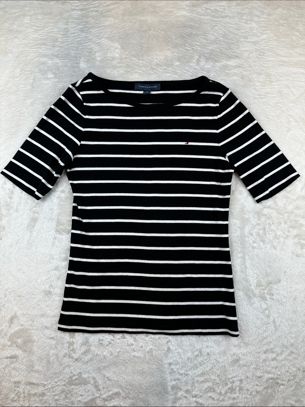 Tommy Hilfiger Women’s M Black White Stripe Boat Neck 3/4 Sleeve Knit Casual